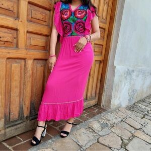 Vibrant Pink Floral Embroidered Dress